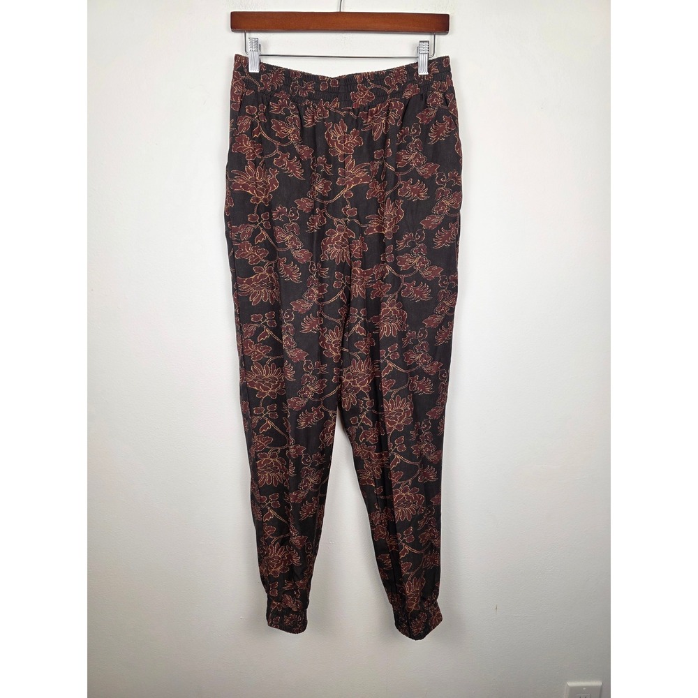 Peruvian Connection Floral Lyocell Jogger Pants Black‎ Burgundy Gold Womens M